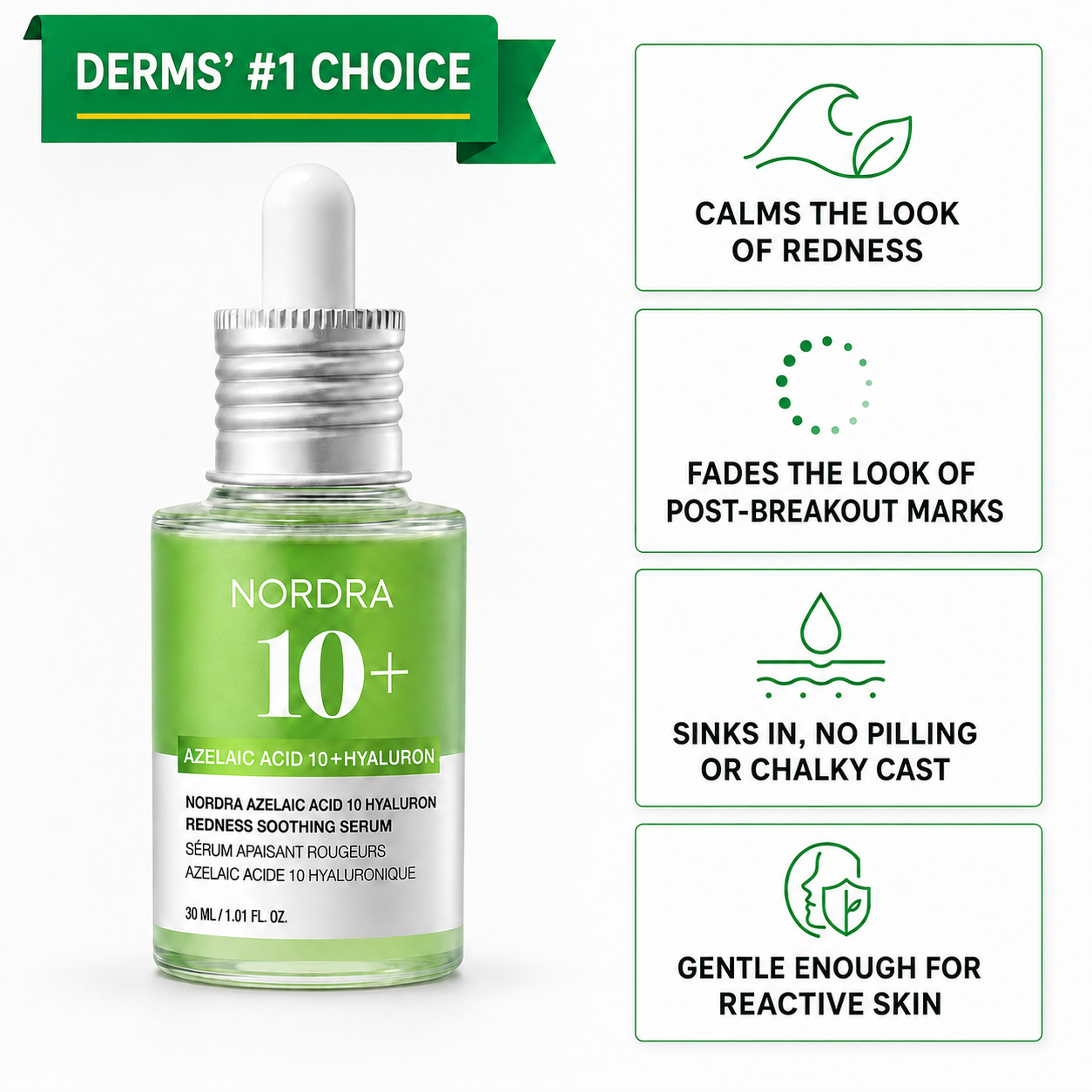 Hyaluron Redness Serum bottle with Derms' #1 Choice badge and 4 benefit icons