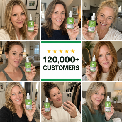 120,000+ customers photo grid holding Hyaluron Redness Serum