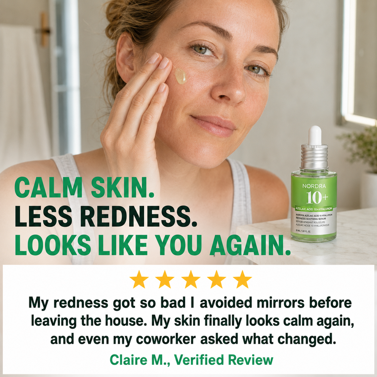Woman applying Hyaluron Redness Serum with 5 star testimonial
