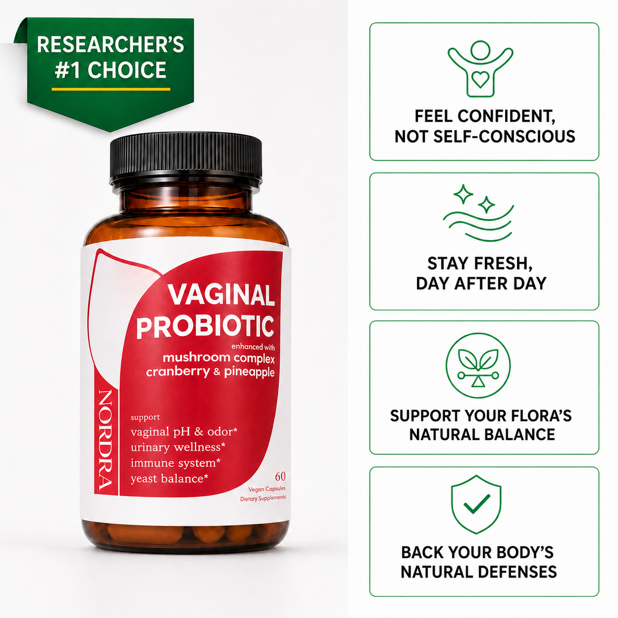 Vaginal Probiotic Complex bottle with Researcher's #1 Choice badge and 4 benefit icons